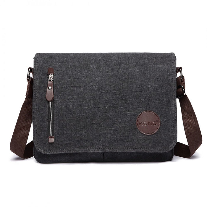 E1824-1 - Kono RFID-Blocking Retro Style Canvas Cross Body Messenger Bag - Black