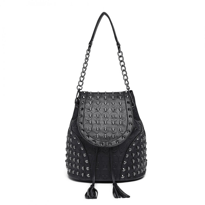 L1414 - Miss Lulu Skull Studded Backpack Shoulder Bag - Black