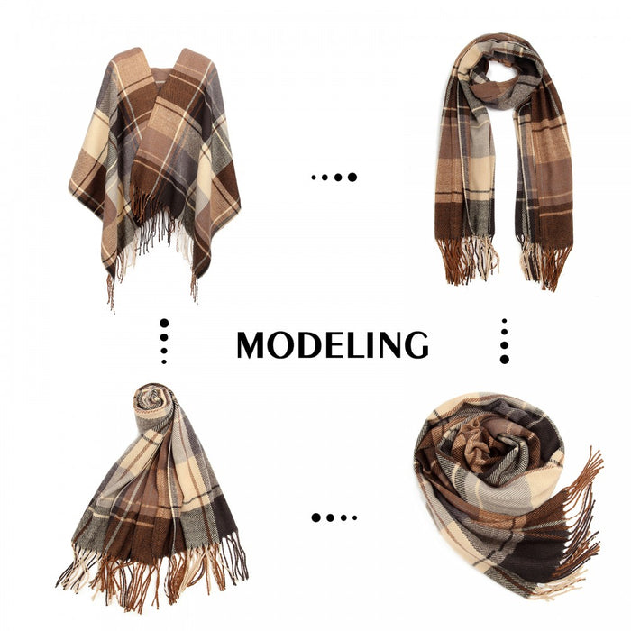 S6430 - Women Fashion Long Shawl Grid Tassel Winter Warm Lattice Large Scarf - Brown