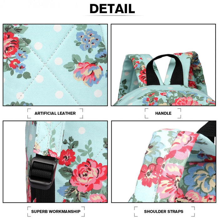 E1401F - Miss Lulu Large Backpack Flower Polka Dot - Light Blue
