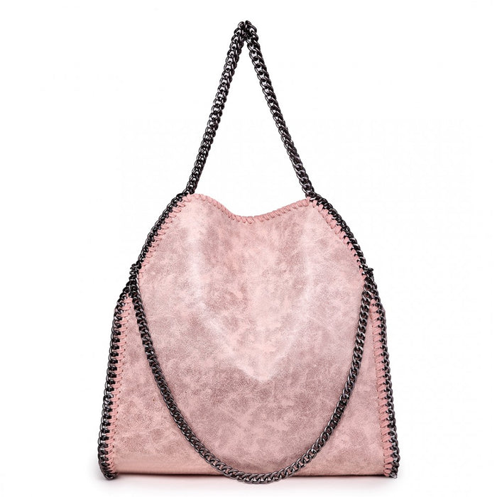 S1760 - Miss Lulu Metallic Effect Chain Tote Bag - Nude