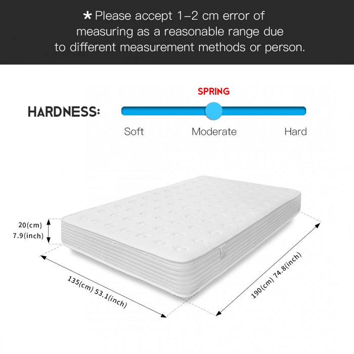 MTS002 - Good Nite Premium Standard Double Memory Foam Quilted Spring Mattress - Medium Firmness Breathable Fabric Mattress - 135×190×20cm
