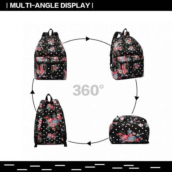 E1401F - Miss Lulu Large Backpack Flower Polka Dot - Black