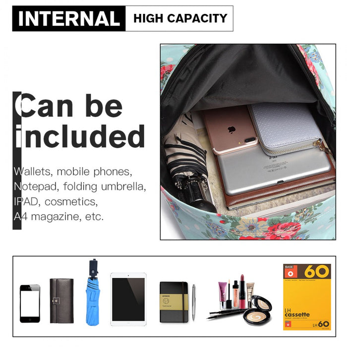 E1401F - Miss Lulu Large Backpack Flower Polka Dot - Light Blue