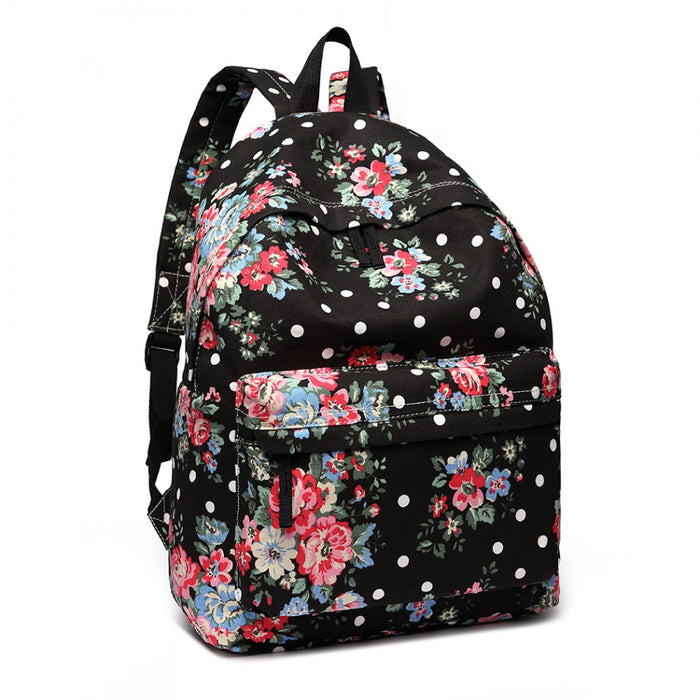 E1401F - Miss Lulu Large Backpack Flower Polka Dot - Black