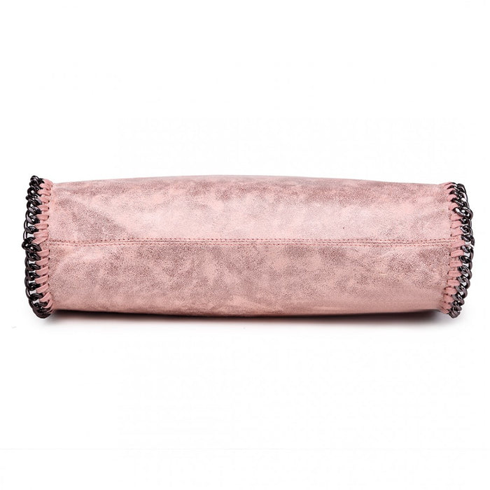 S1760 - Miss Lulu Metallic Effect Chain Tote Bag - Nude