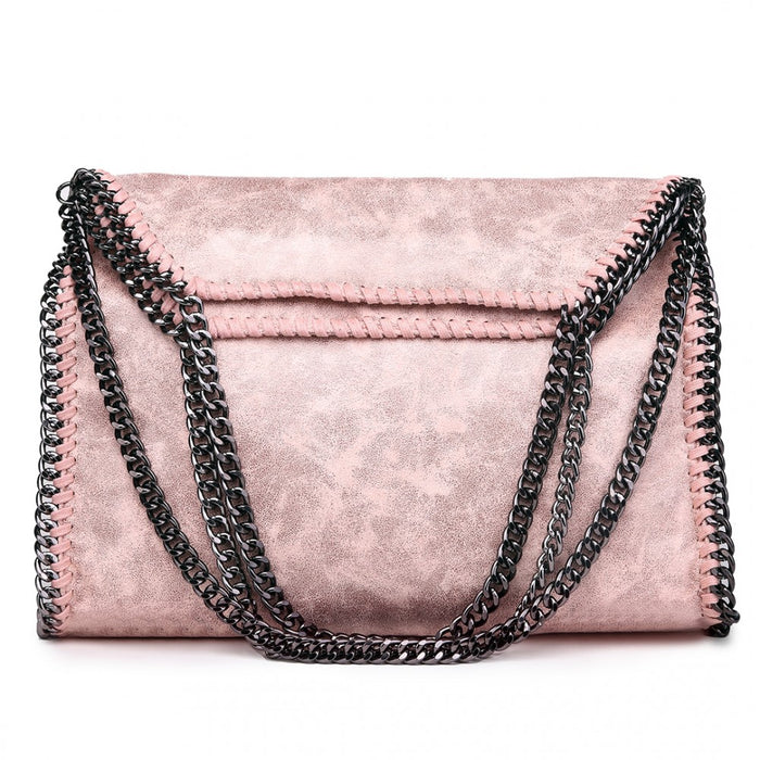 S1760 - Miss Lulu Metallic Effect Chain Tote Bag - Nude