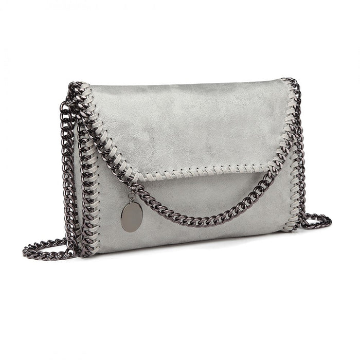 E6844 - Miss Lulu Leather Look Chain Fold-over Shoulder Bag - Grey