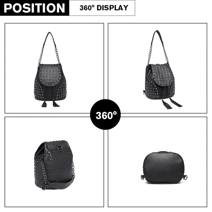 L1414 - Miss Lulu Skull Studded Backpack Shoulder Bag - Black