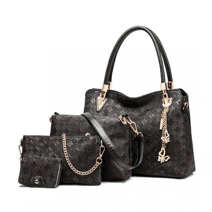 E6714-Miss LuLu Fashion PU Leather Handbag Purse 4pcs Set BLACK