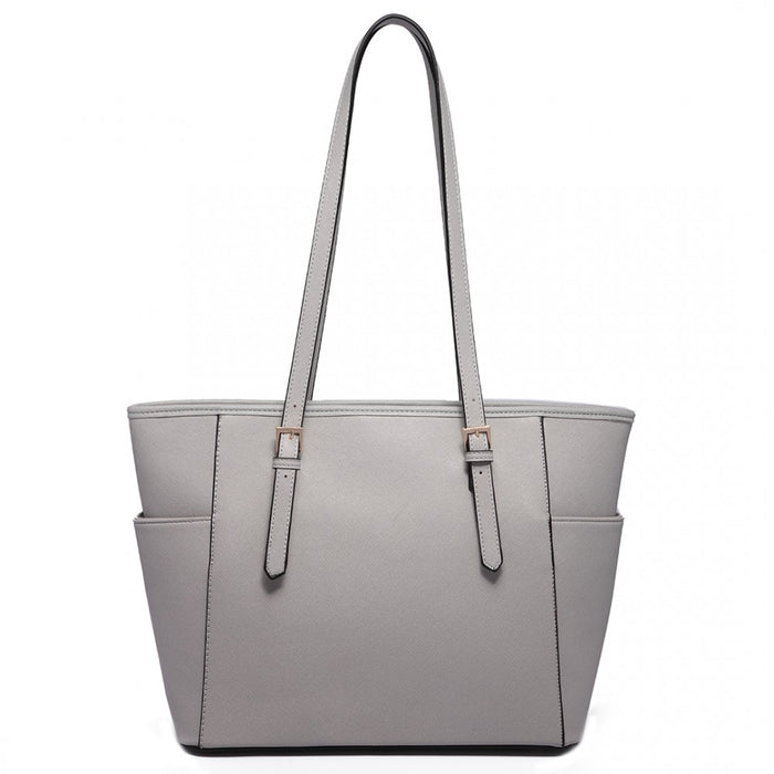 LM1642-1 - Miss Lulu Faux Leather Adjustable Handle Tote Bag - Light Grey