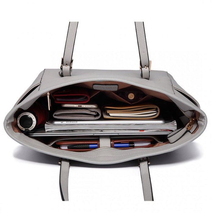 LM1642-1 - Miss Lulu Faux Leather Adjustable Handle Tote Bag - Light Grey