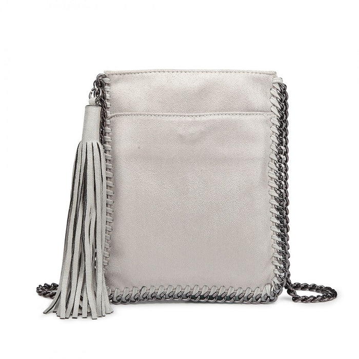 E6845 - Miss Lulu Leather Look Chain Shoulder Bag with Tassel Pendant - Grey