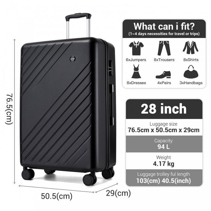 KSK2585 - Kono 28 Inch Large ABS+PC Hard Shell Checked Luggage, Spacious Diagonal Stripe Travel Suitcase with Silent Wheels & Combination Lock  - Black