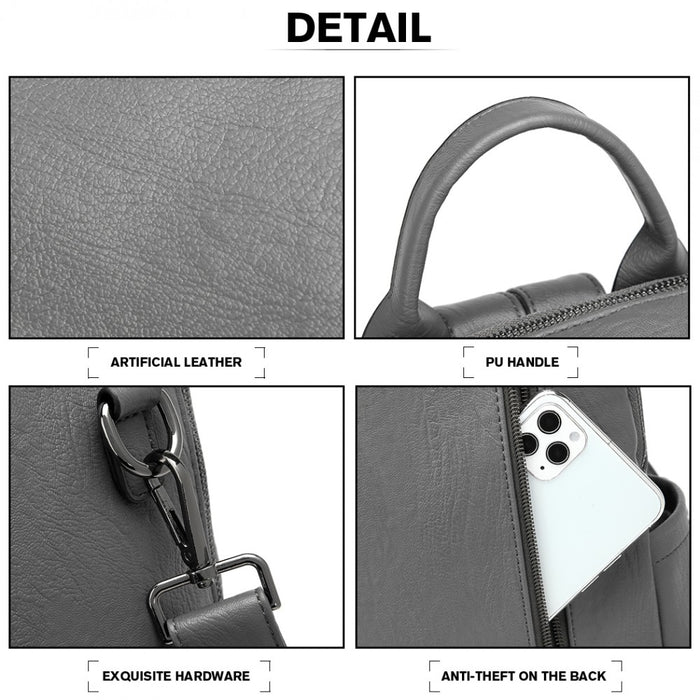 LH2012 - Miss Lulu Large Leather Look Backpack - Grey