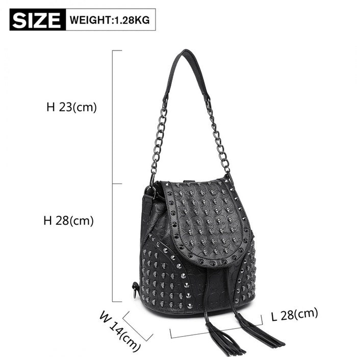 L1414 - Miss Lulu Skull Studded Backpack Shoulder Bag - Black