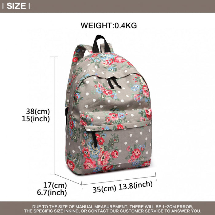 E1401F - Miss Lulu Large Backpack Flower Polka Dot - Grey