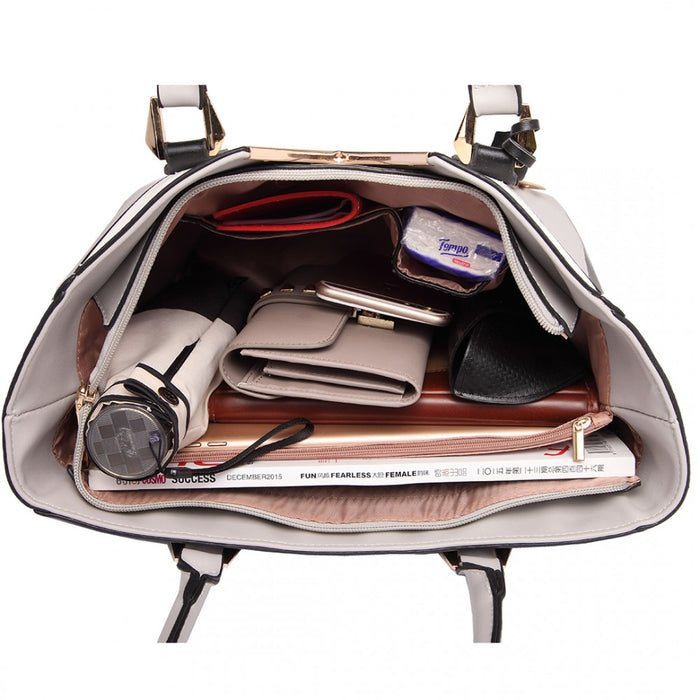 LG1641 - Miss Lulu Leather Look V-Shape Shoulder Handbag - Grey