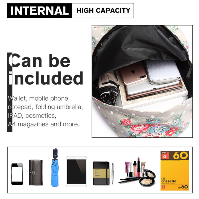 E1401F - Miss Lulu Large Backpack Flower Polka Dot - Grey