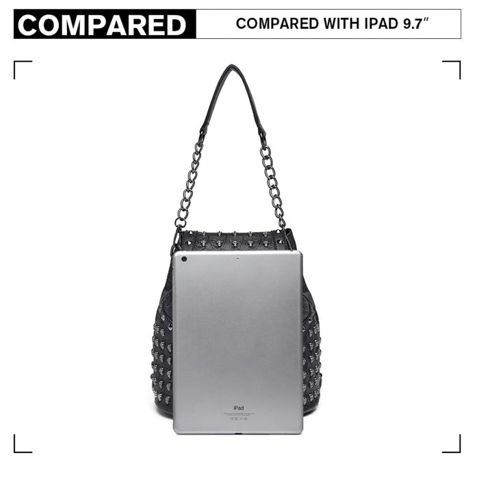 L1414 - Miss Lulu Skull Studded Backpack Shoulder Bag - Black