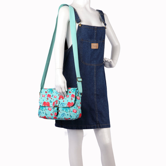 E1656 - Miss Lulu Matte Oilcloth Medium Elephant Print Satchel Light Blue
