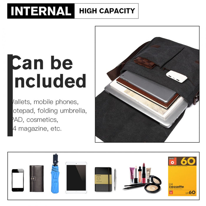 E1824-1 - Kono RFID-Blocking Retro Style Canvas Cross Body Messenger Bag - Black