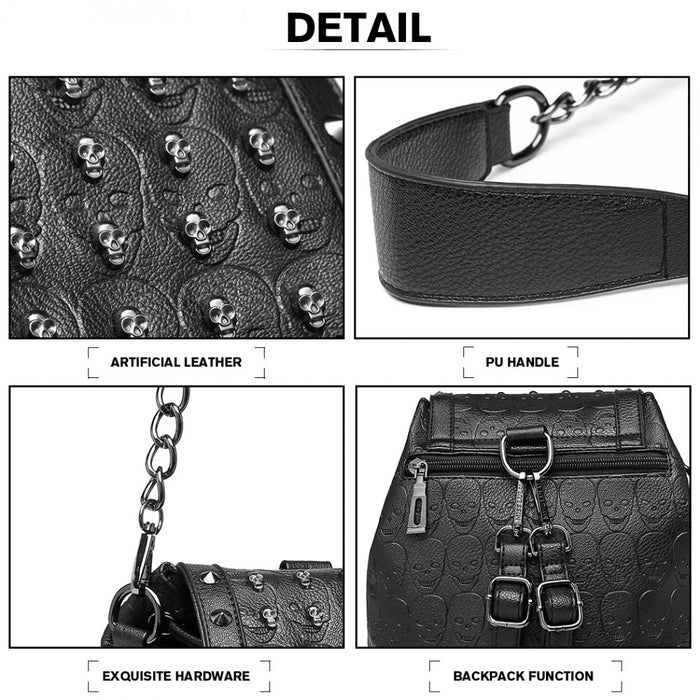 L1414 - Miss Lulu Skull Studded Backpack Shoulder Bag - Black