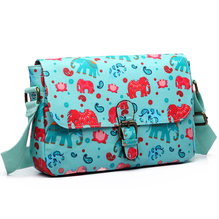 E1656 - Miss Lulu Matte Oilcloth Medium Elephant Print Satchel Light Blue