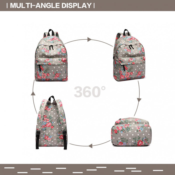 E1401F - Miss Lulu Large Backpack Flower Polka Dot - Grey