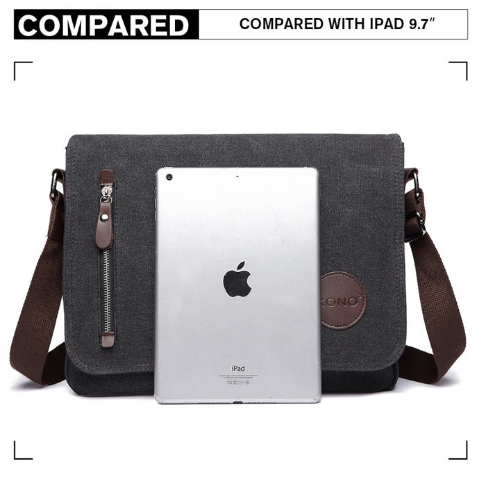 E1824-1 - Kono RFID-Blocking Retro Style Canvas Cross Body Messenger Bag - Black