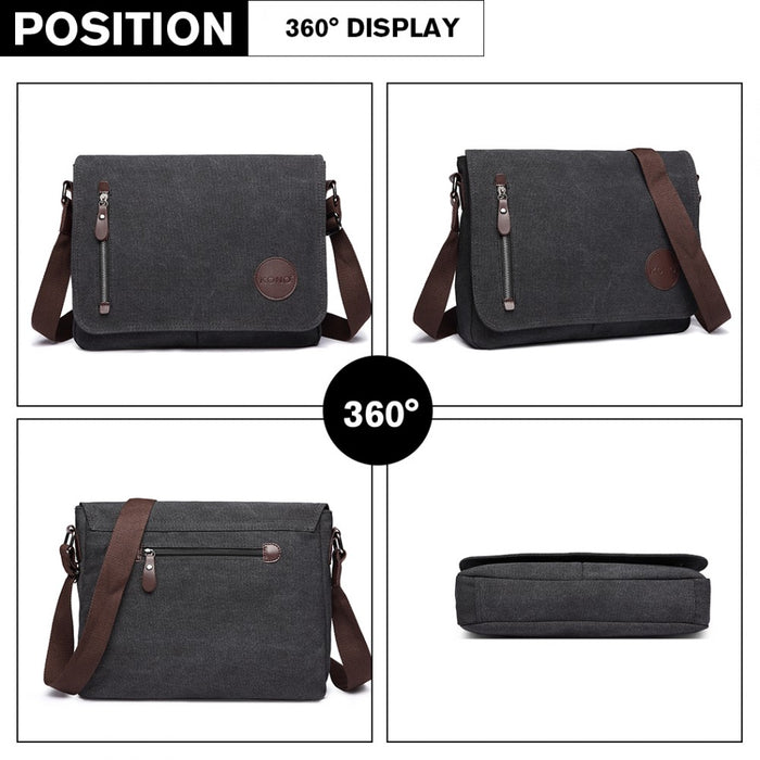 E1824-1 - Kono RFID-Blocking Retro Style Canvas Cross Body Messenger Bag - Black