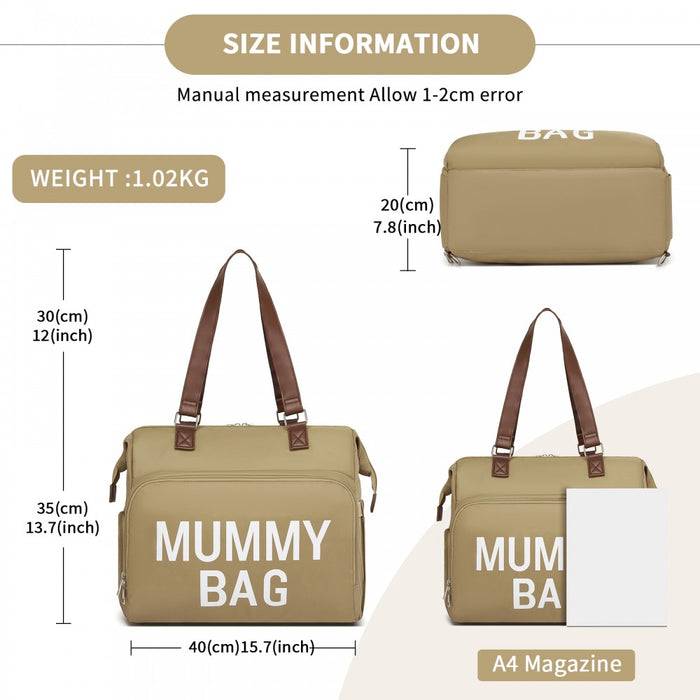 BCK2503 - Kono Large Nappy Changing Tote Bag with Shoe Compartment, Insulated Pockets & Waterproof Zip Pocket - Khaki