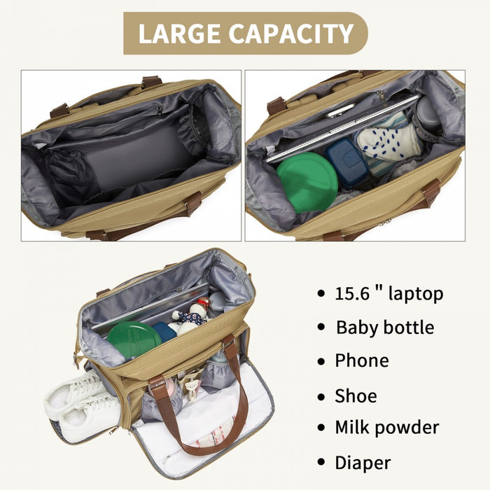 BCK2503 - Kono Large Nappy Changing Tote Bag with Shoe Compartment, Insulated Pockets & Waterproof Zip Pocket - Khaki