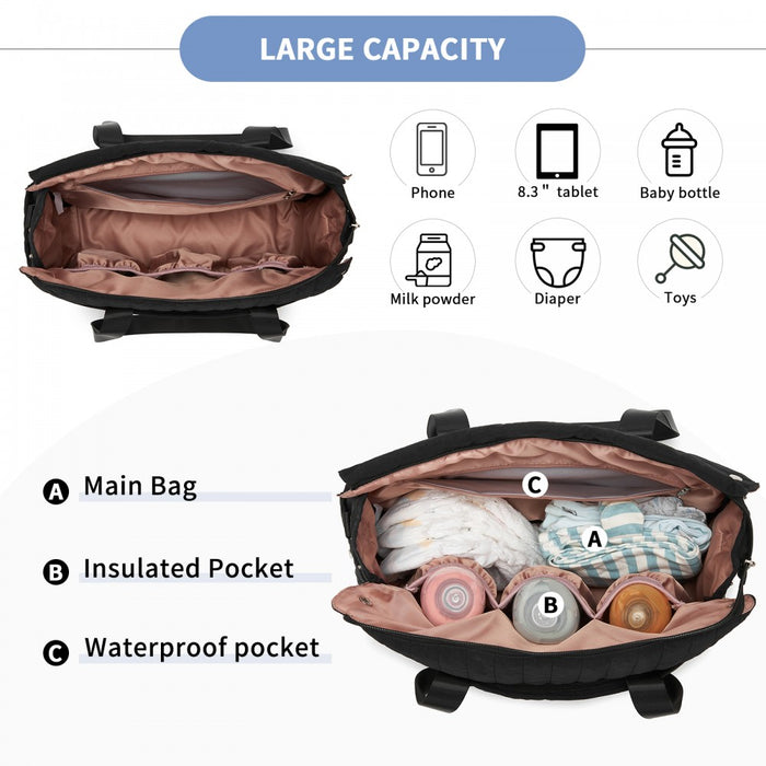 BCM2517 - Miss Lulu Stylish and Spacious Maternity Diaper Bag with Insulated Baby Bottle Pockets,Wet-Dry Separation,Stroller Strap - Black