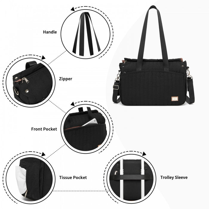 BCM2517 - Miss Lulu Stylish and Spacious Maternity Diaper Bag with Insulated Baby Bottle Pockets,Wet-Dry Separation,Stroller Strap - Black