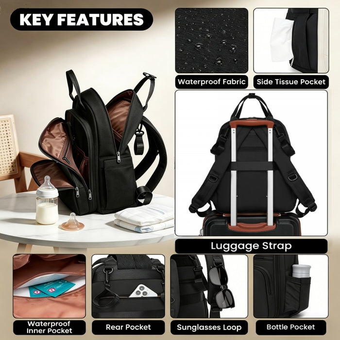 BCM2532 - Miss Lulu Stylish Multifunctional Baby Changing Backpack with Insulated Bottle Holders, Stroller Clips & Trolley Sleeve for Everyday & Travel - Black