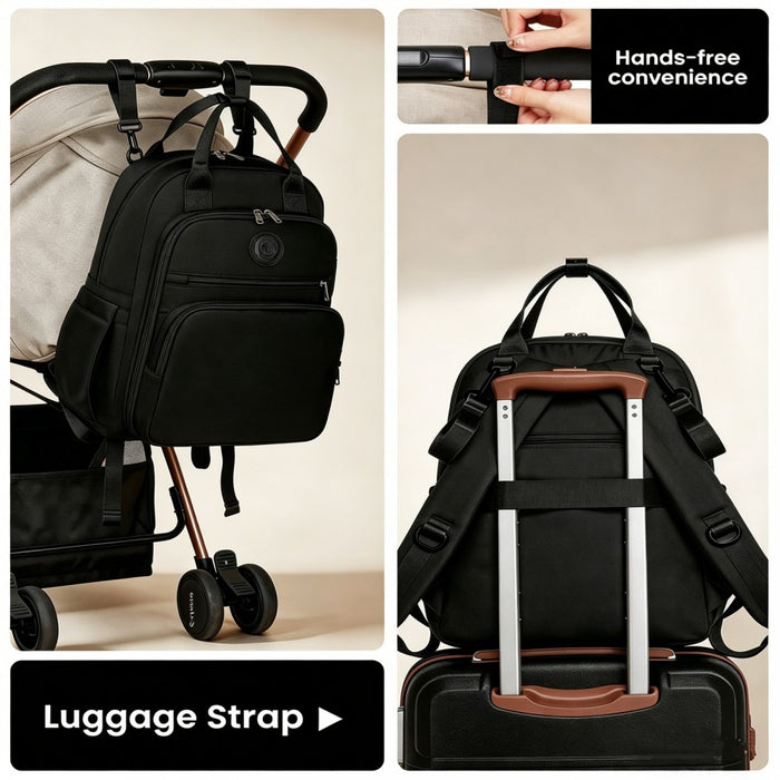BCM2532 - Miss Lulu Stylish Multifunctional Baby Changing Backpack with Insulated Bottle Holders, Stroller Clips & Trolley Sleeve for Everyday & Travel - Black