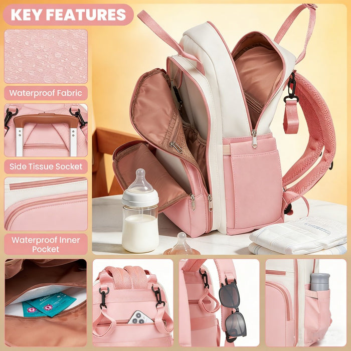 BCM2532 - Miss Lulu Stylish Multifunctional Baby Changing Backpack with Insulated Bottle Holders, Stroller Clips & Trolley Sleeve for Everyday & Travel - Pink and Beige