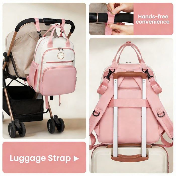 BCM2532 - Miss Lulu Stylish Multifunctional Baby Changing Backpack with Insulated Bottle Holders, Stroller Clips & Trolley Sleeve for Everyday & Travel - Pink and Beige