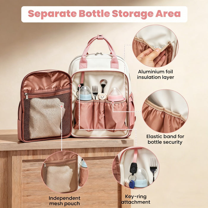 BCM2532 - Miss Lulu Stylish Multifunctional Baby Changing Backpack with Insulated Bottle Holders, Stroller Clips & Trolley Sleeve for Everyday & Travel - Pink and Beige