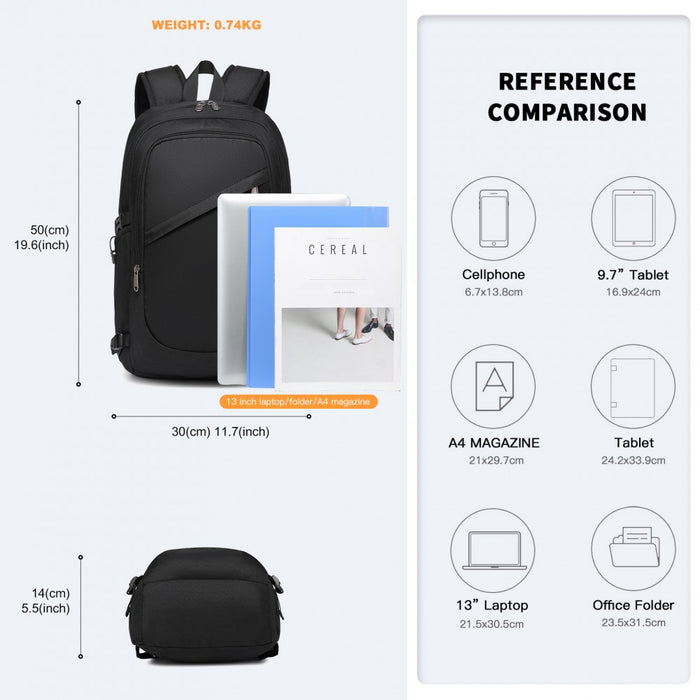 BPK2426 - Kono Minimalist Design Tech Backpack with USB & Type-C Port and Laptop Compartment - Black