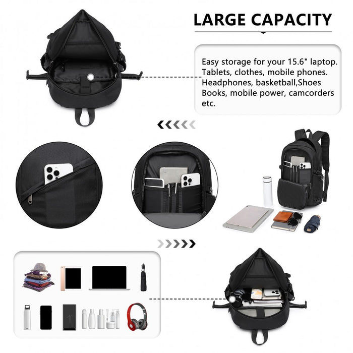 BPK2426 - Kono Minimalist Design Tech Backpack with USB & Type-C Port and Laptop Compartment - Black