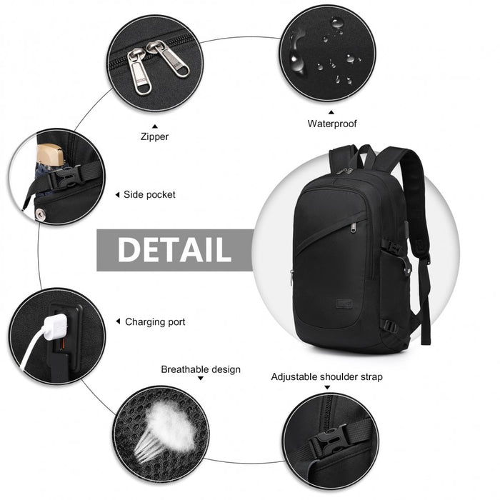 BPK2426 - Kono Minimalist Design Tech Backpack with USB & Type-C Port and Laptop Compartment - Black