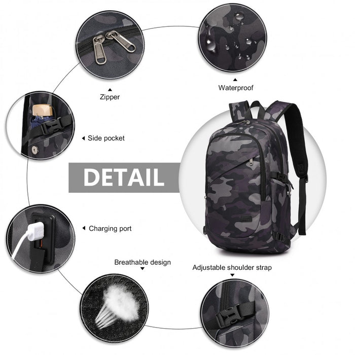 BPK2426 - Kono Minimalist Design Tech Backpack with USB & Type-C Port and Laptop Compartment - Camo