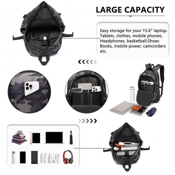 BPK2426 - Kono Minimalist Design Tech Backpack with USB & Type-C Port and Laptop Compartment - Camo