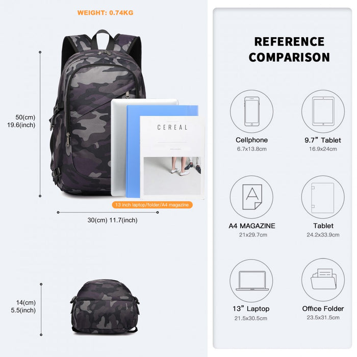 BPK2426 - Kono Minimalist Design Tech Backpack with USB & Type-C Port and Laptop Compartment - Camo