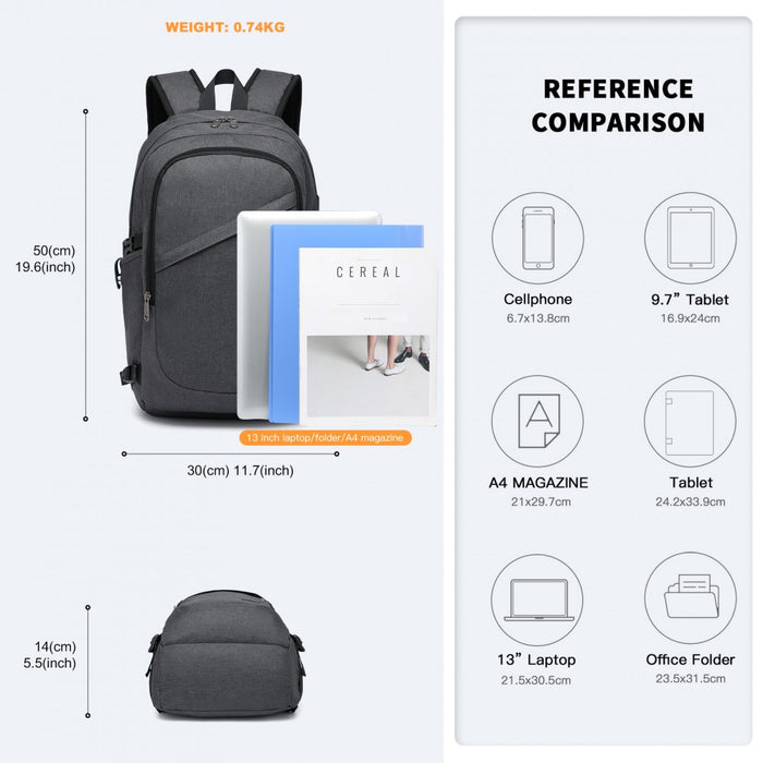 BPK2426 - Kono Minimalist Design Tech Backpack with USB & Type-C Port and Laptop Compartment - Dark Grey