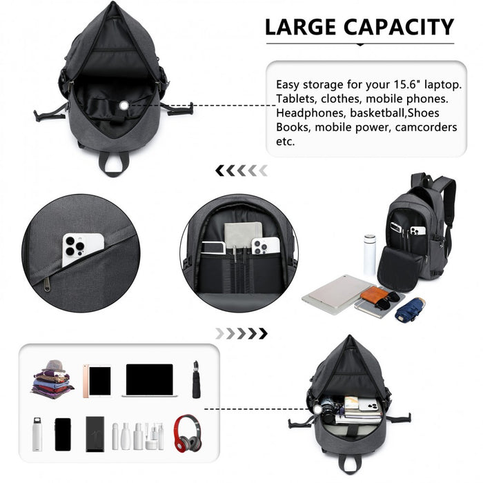 BPK2426 - Kono Minimalist Design Tech Backpack with USB & Type-C Port and Laptop Compartment - Dark Grey