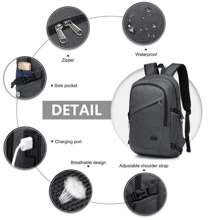 BPK2426 - Kono Minimalist Design Tech Backpack with USB & Type-C Port and Laptop Compartment - Dark Grey