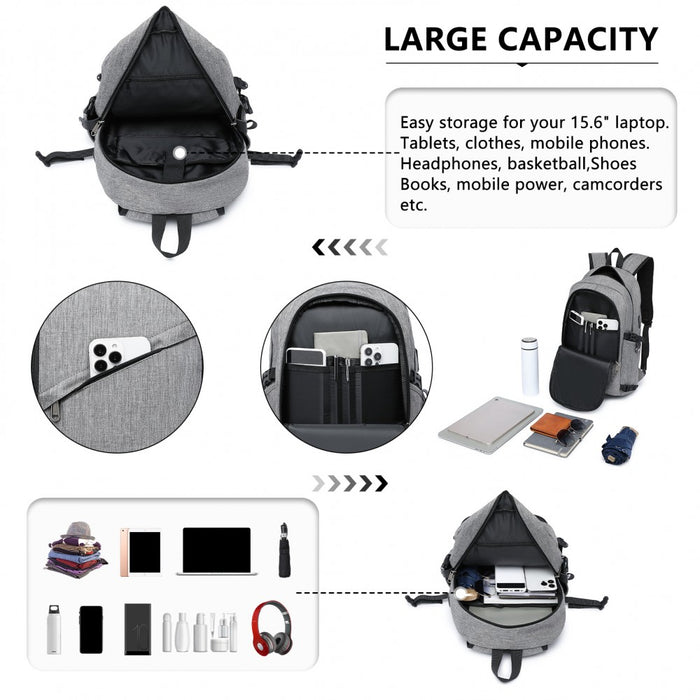 BPK2426 - Kono Minimalist Design Tech Backpack with USB & Type-C Port and Laptop Compartment - Grey